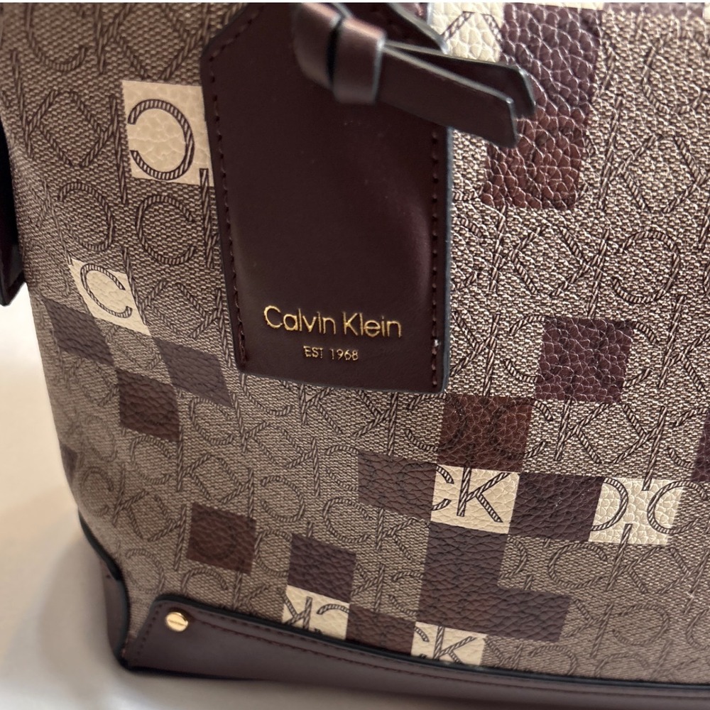 Calvin Klein Monogram Satchel Bag Brown Checkered Logo Triple Compartment